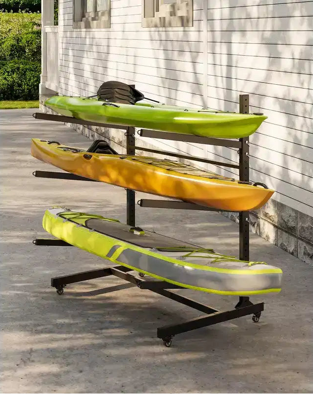 COZONY Heavy-Duty Kayak Storage Rack for 3 Kayaks, 3-Layer Freestanding Rack with Wheels & Hanging Straps