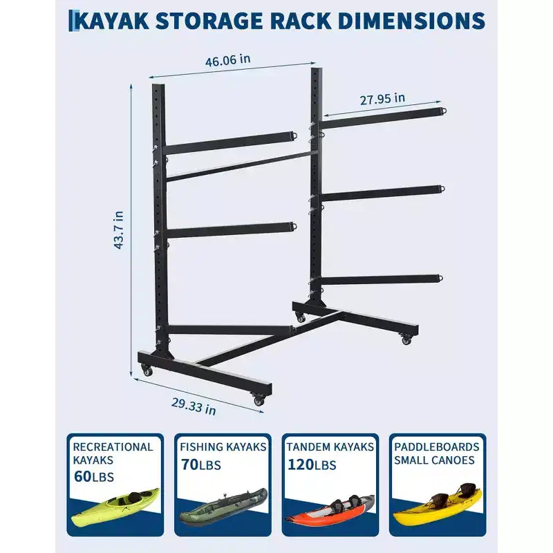 Range de rangement pour 3 kayaks, robuste, à 3 niveaux, autoportant avec roues et sangles de suspension