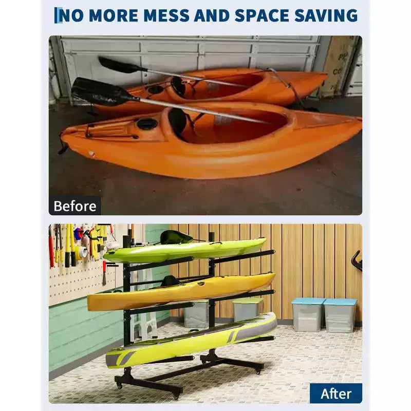 Range de rangement pour 3 kayaks, robuste, à 3 niveaux, autoportant avec roues et sangles de suspension