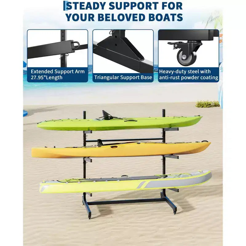 Range de rangement pour 3 kayaks, robuste, à 3 niveaux, autoportant avec roues et sangles de suspension