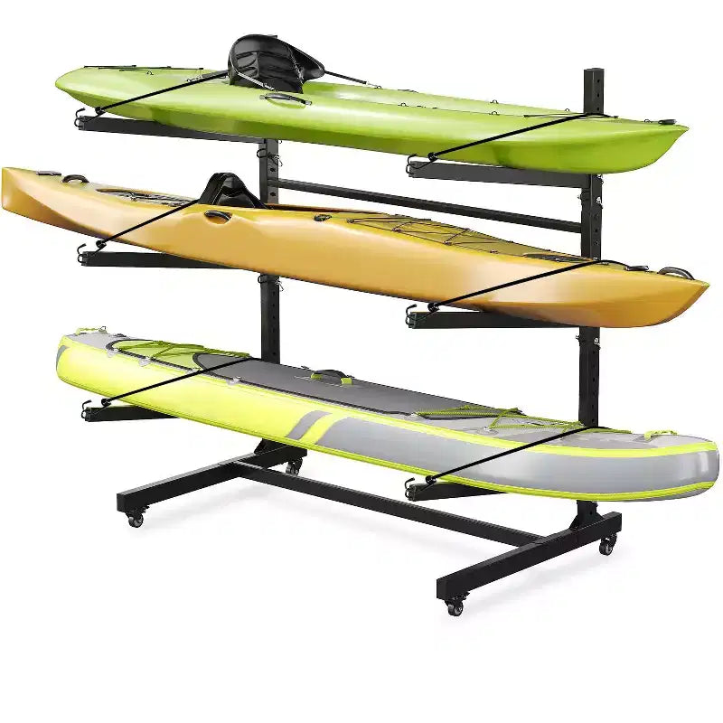 Range de rangement pour 3 kayaks, robuste, à 3 niveaux, autoportant avec roues et sangles de suspension