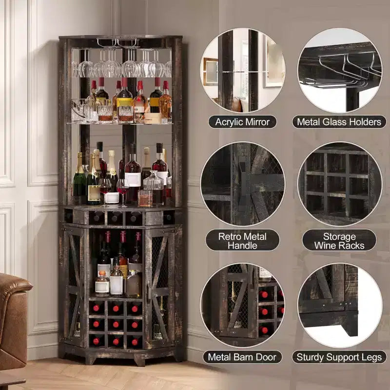 Meuble Bar d'Angle avec Casier à Vin, Armoire à Vin Haute de 72 po avec Miroir Acrylique et Porte-Verres, Meuble de Rangement pour Alcool en Bois pour Salle à Manger et Cuisine