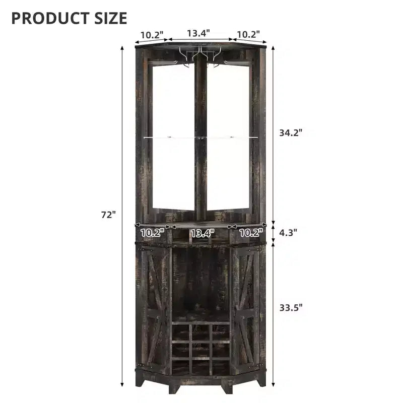 Meuble Bar d'Angle avec Casier à Vin, Armoire à Vin Haute de 72 po avec Miroir Acrylique et Porte-Verres, Meuble de Rangement pour Alcool en Bois pour Salle à Manger et Cuisine