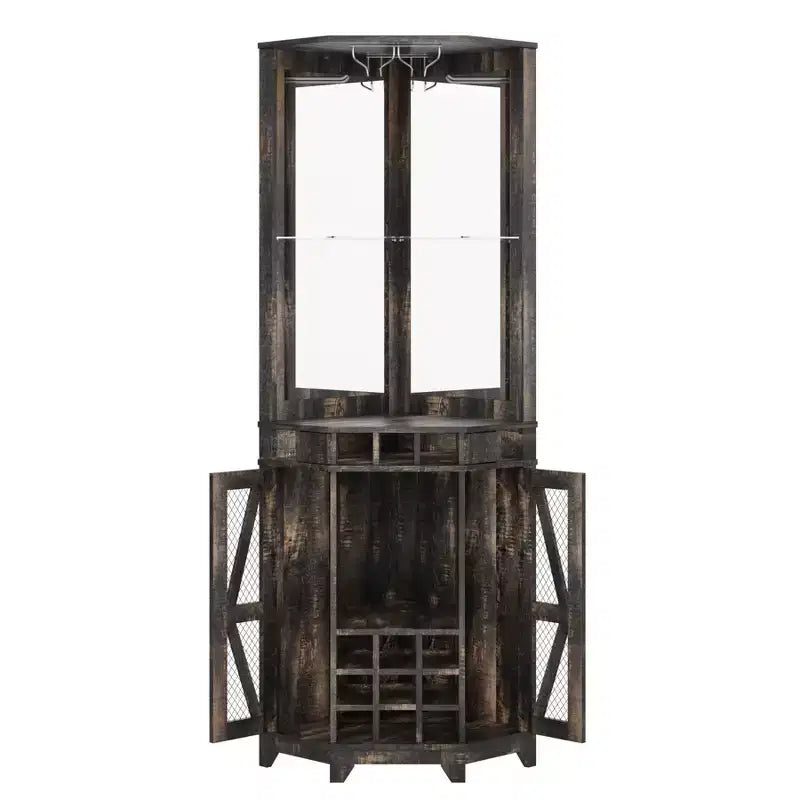 Meuble Bar d'Angle avec Casier à Vin, Armoire à Vin Haute de 72 po avec Miroir Acrylique et Porte-Verres, Meuble de Rangement pour Alcool en Bois pour Salle à Manger et Cuisine