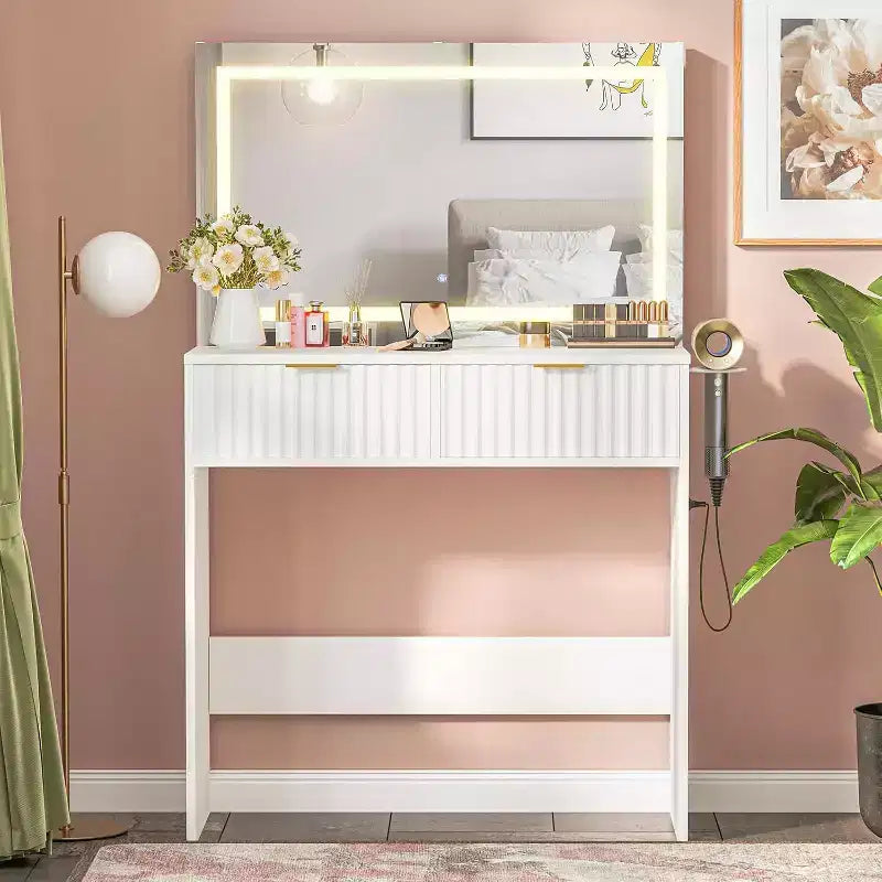 Coiffeuse 51" avec miroir lumineux et éclairage réglable - Table de maquillage en bois naturel pour chambre à coucher