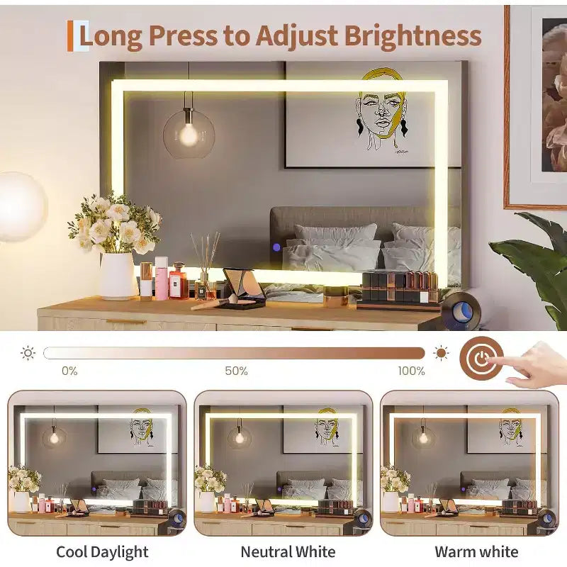 Coiffeuse 51" avec miroir lumineux et éclairage réglable - Table de maquillage en bois naturel pour chambre à coucher