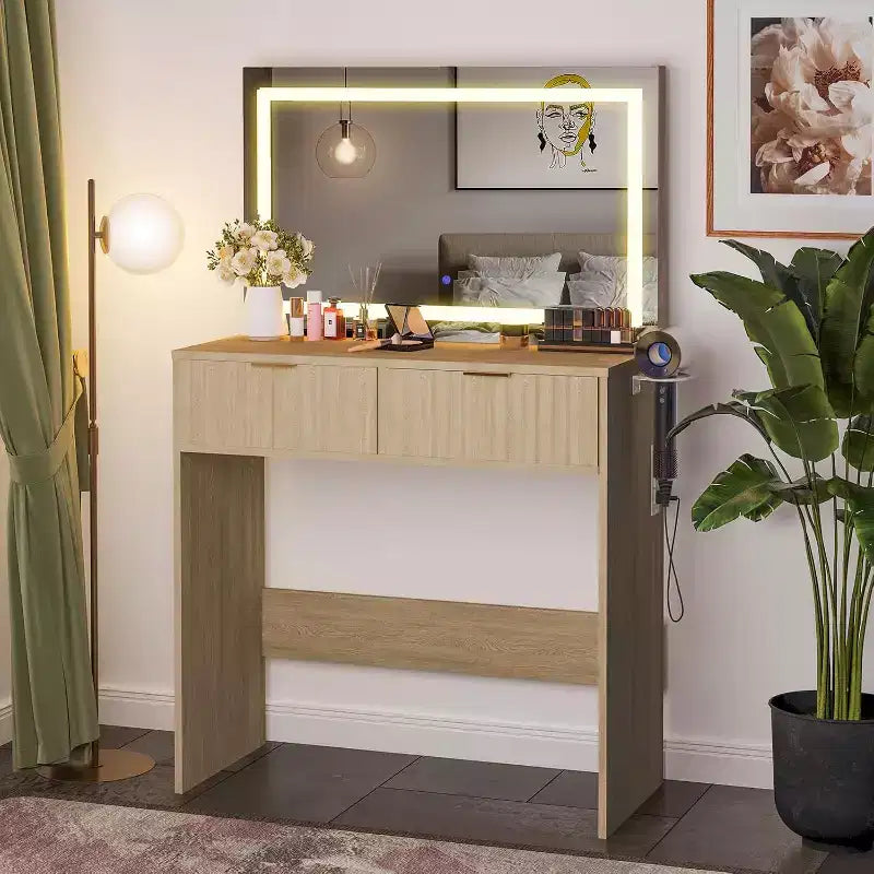 Coiffeuse 51" avec miroir lumineux et éclairage réglable - Table de maquillage en bois naturel pour chambre à coucher