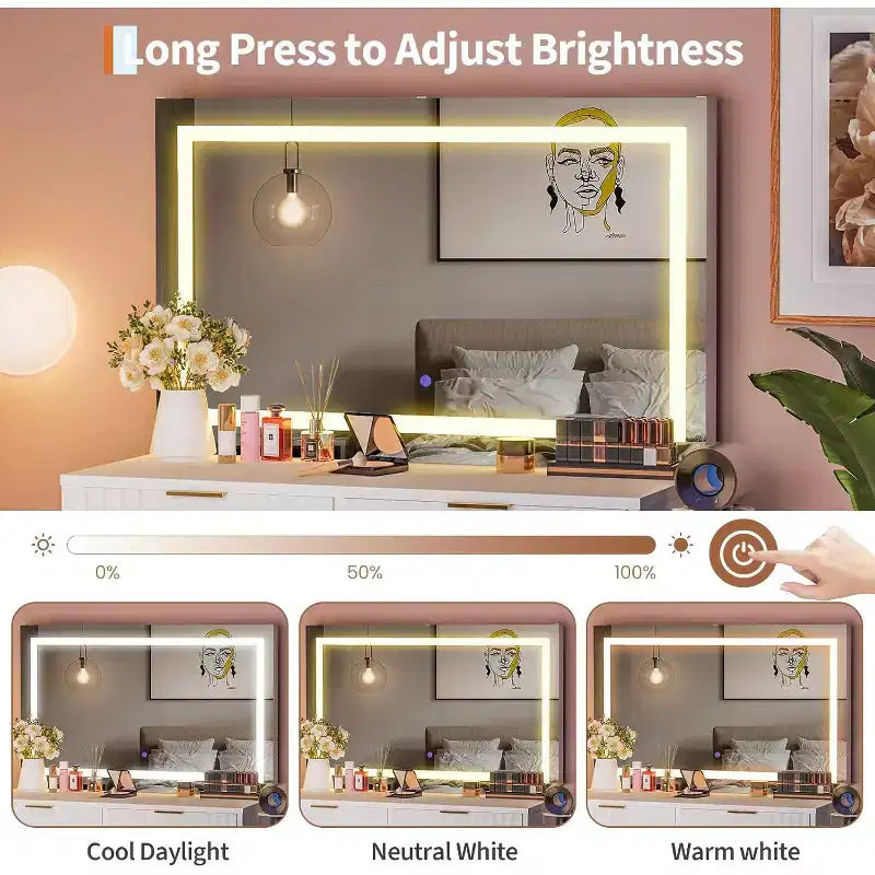 Coiffeuse 51" avec miroir lumineux et éclairage réglable - Table de maquillage en bois naturel pour chambre à coucher