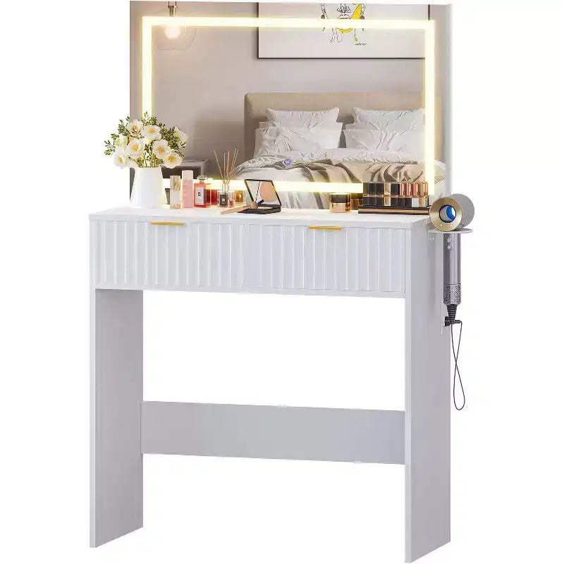 Coiffeuse 51" avec miroir lumineux et éclairage réglable - Table de maquillage en bois naturel pour chambre à coucher