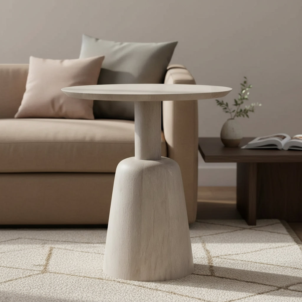 Kessler SOLID MANGO WOOD 18 inch Wide Round Contemporary Side Table in White Wash, Fully Assembled