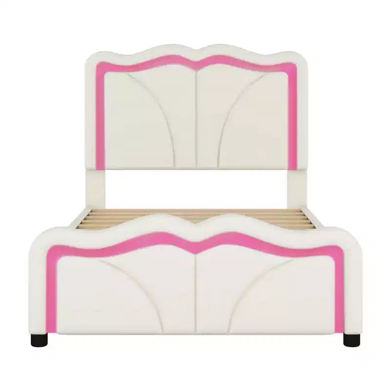 Lit plateforme rembourré en PU avec tête de lit réglable en hauteur pour chambre d'enfant, rose
