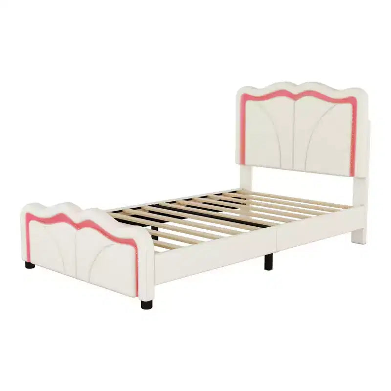 Lit plateforme rembourré en PU avec tête de lit réglable en hauteur pour chambre d'enfant, rose