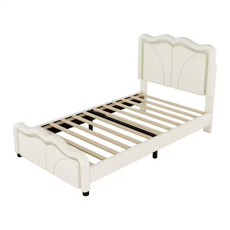 Lit plateforme rembourré en PU avec tête de lit réglable en hauteur pour chambre d'enfant, rose