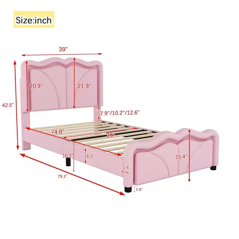 Lit plateforme rembourré en PU avec tête de lit réglable en hauteur pour chambre d'enfant, rose