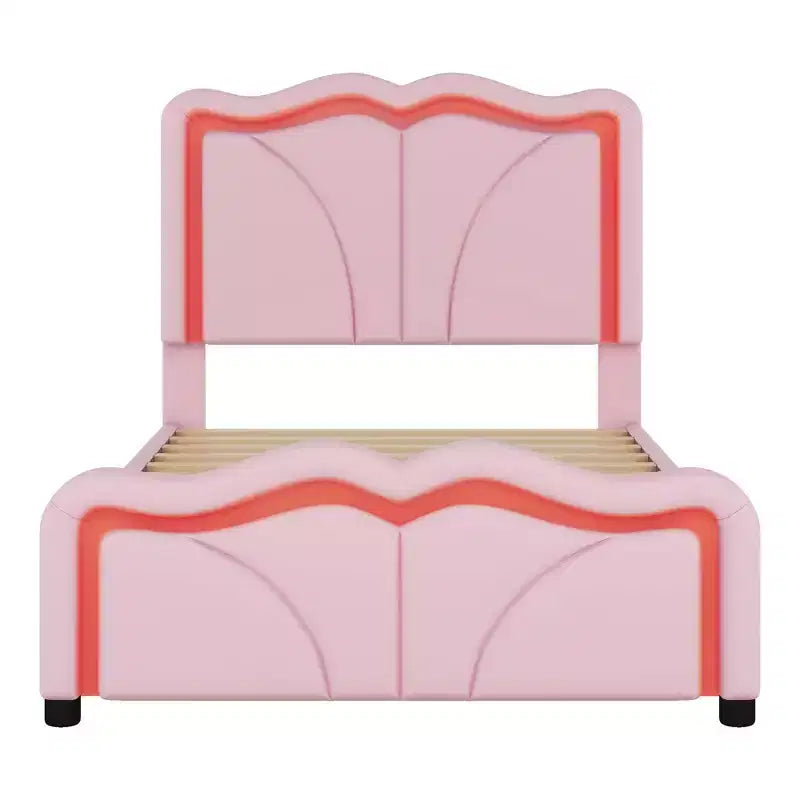 Lit plateforme rembourré en PU avec tête de lit réglable en hauteur pour chambre d'enfant, rose
