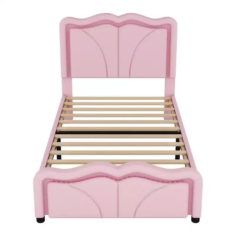 Lit plateforme rembourré en PU avec tête de lit réglable en hauteur pour chambre d'enfant, rose