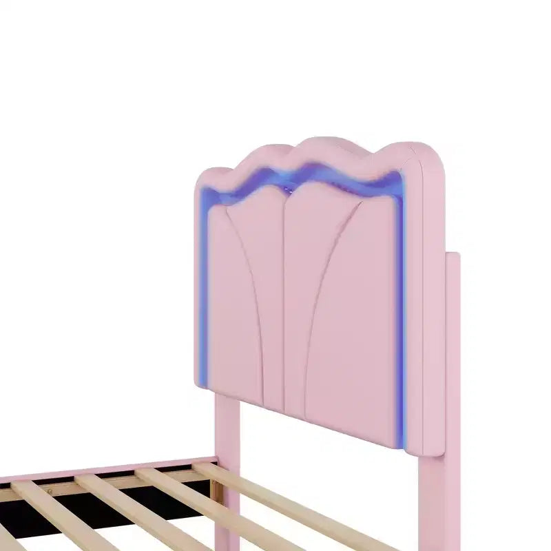 Lit plateforme rembourré en PU avec tête de lit réglable en hauteur pour chambre d'enfant, rose