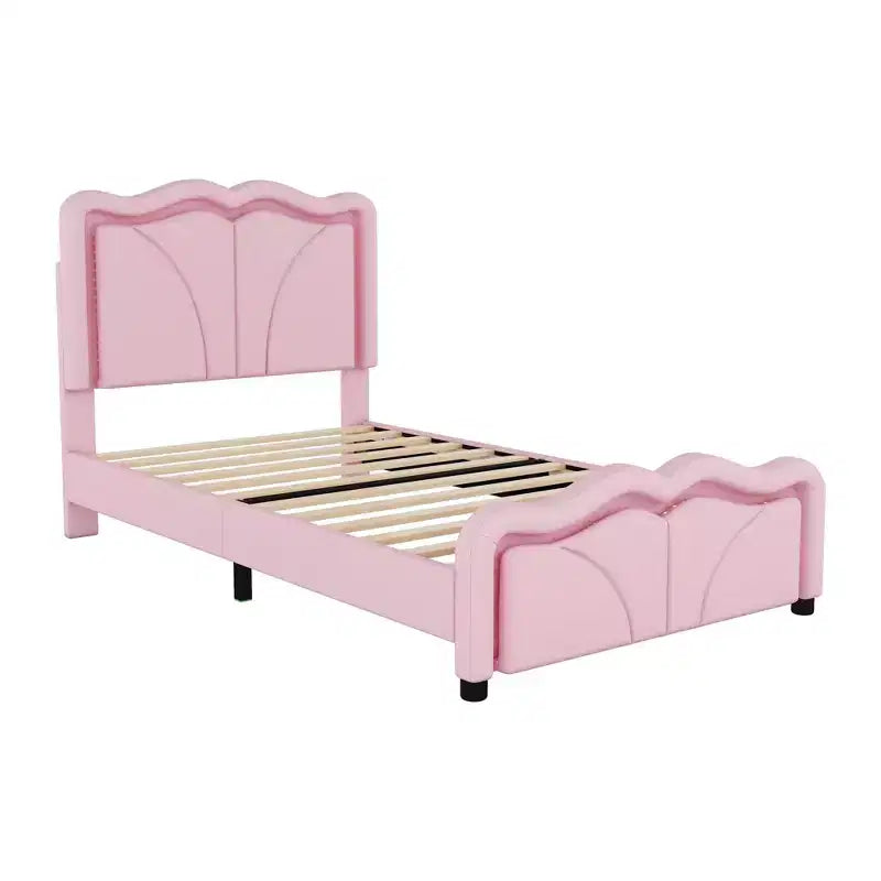 Lit plateforme rembourré en PU avec tête de lit réglable en hauteur pour chambre d'enfant, rose