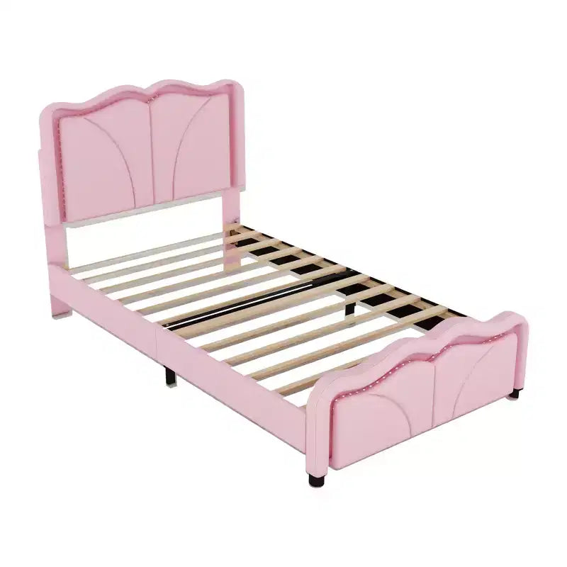 Lit plateforme rembourré en PU avec tête de lit réglable en hauteur pour chambre d'enfant, rose