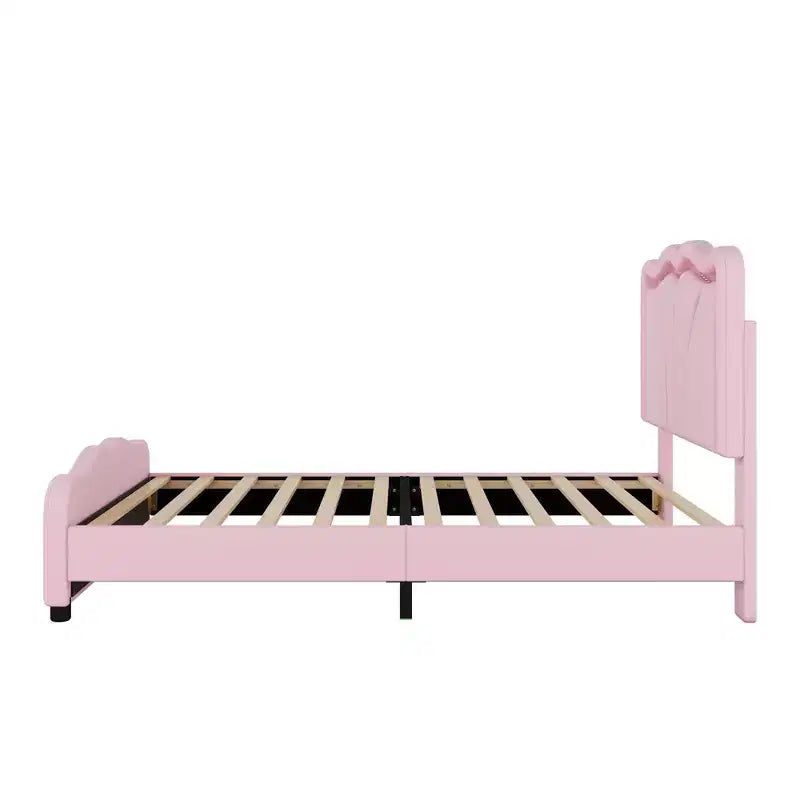 Lit plateforme rembourré en PU avec tête de lit réglable en hauteur pour chambre d'enfant, rose