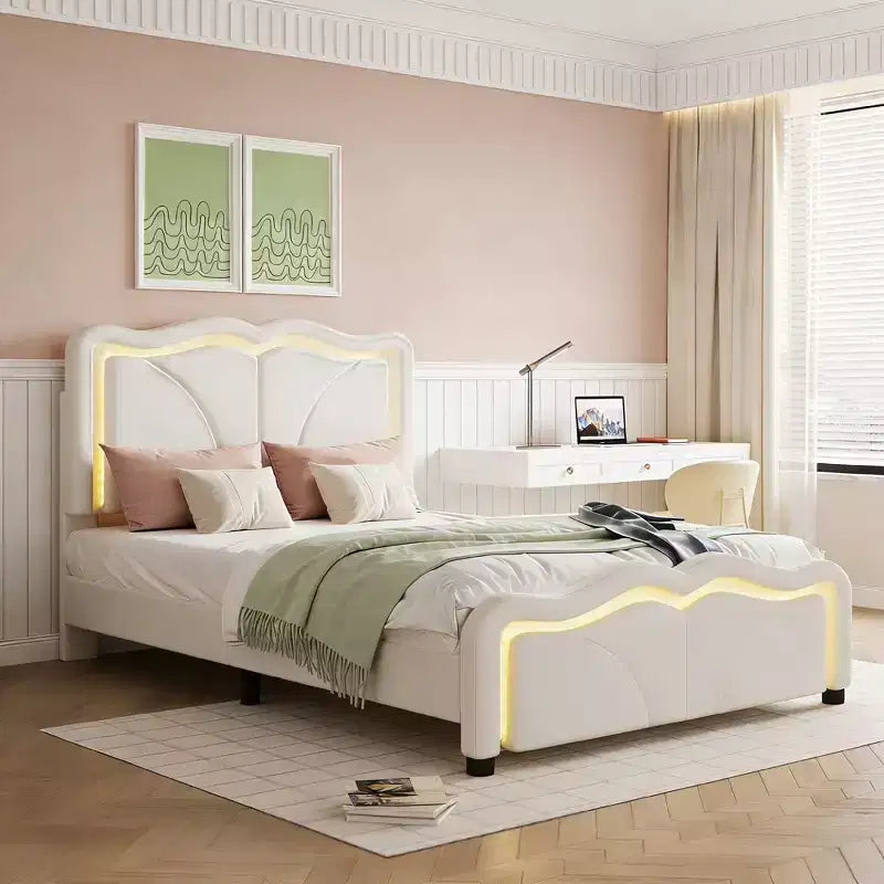 Lit plateforme rembourré en PU avec tête de lit réglable en hauteur pour chambre d'enfant, rose