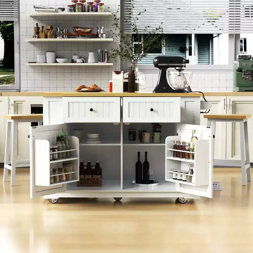 JVNOXK 48-inch Large 5-Wheel Kitchen Island with 2 Bar Stools, Power Outlet, Folding Table Top Storage Cart, Open Side Shelves, 2 Drawers, White