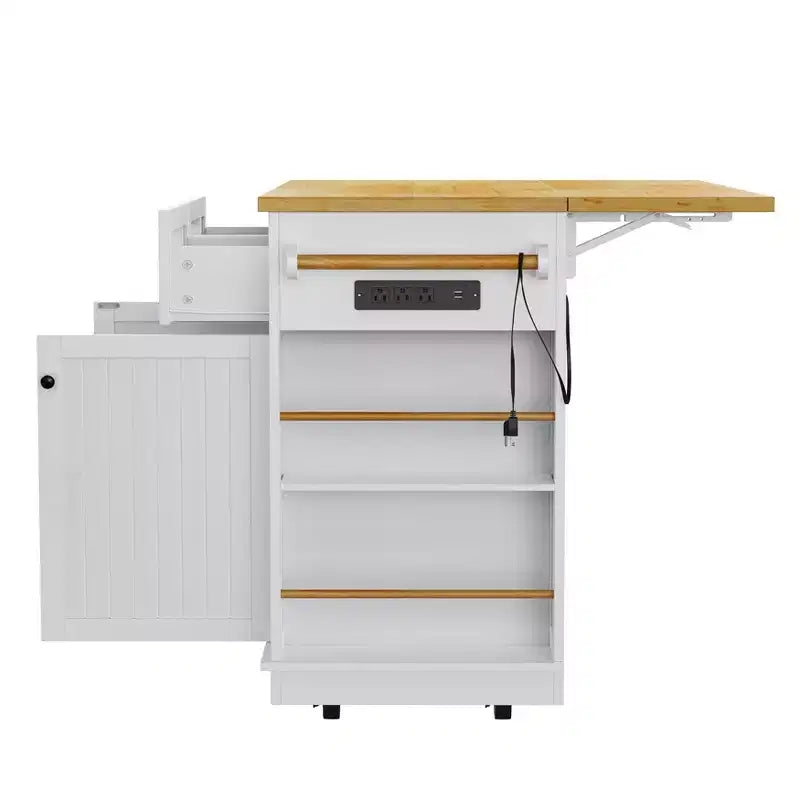 Îlot de cuisine de 122 cm à 5 roues avec 2 tabourets de bar, prise de courant, plateau pliant, chariot de rangement, étagères latérales ouvertes, 2 tiroirs, blanc