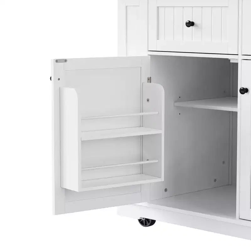 Îlot de cuisine de 122 cm à 5 roues avec 2 tabourets de bar, prise de courant, plateau pliant, chariot de rangement, étagères latérales ouvertes, 2 tiroirs, blanc