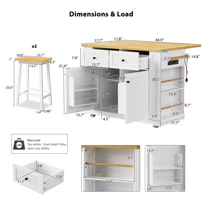 Îlot de cuisine de 122 cm à 5 roues avec 2 tabourets de bar, prise de courant, plateau pliant, chariot de rangement, étagères latérales ouvertes, 2 tiroirs, blanc