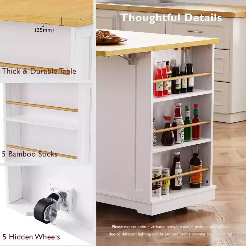 Îlot de cuisine de 122 cm à 5 roues avec 2 tabourets de bar, prise de courant, plateau pliant, chariot de rangement, étagères latérales ouvertes, 2 tiroirs, blanc