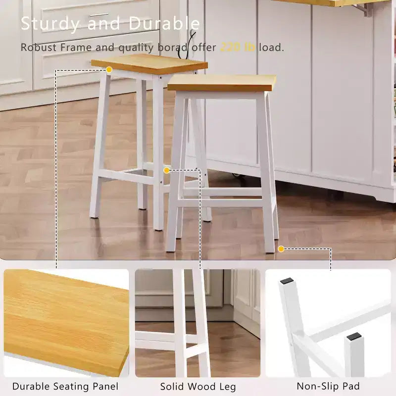 Îlot de cuisine de 122 cm à 5 roues avec 2 tabourets de bar, prise de courant, plateau pliant, chariot de rangement, étagères latérales ouvertes, 2 tiroirs, blanc