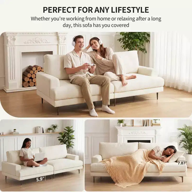 86.61 Canapé moderne 3 places en coton avec coussins de dossier garnis de duvet, meuble profond pour salon, beige Gaoyangjiaju