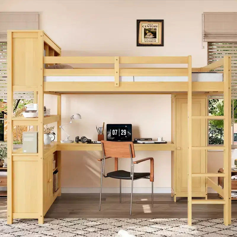 Lit mezzanine en bois avec armoire et étagère, mezzanine queen avec garde-robe et bureau pour enfants, naturel