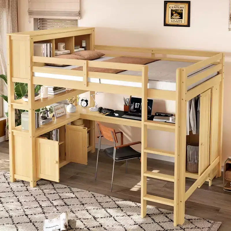 Lit mezzanine en bois avec armoire et étagère, mezzanine queen avec garde-robe et bureau pour enfants, naturel