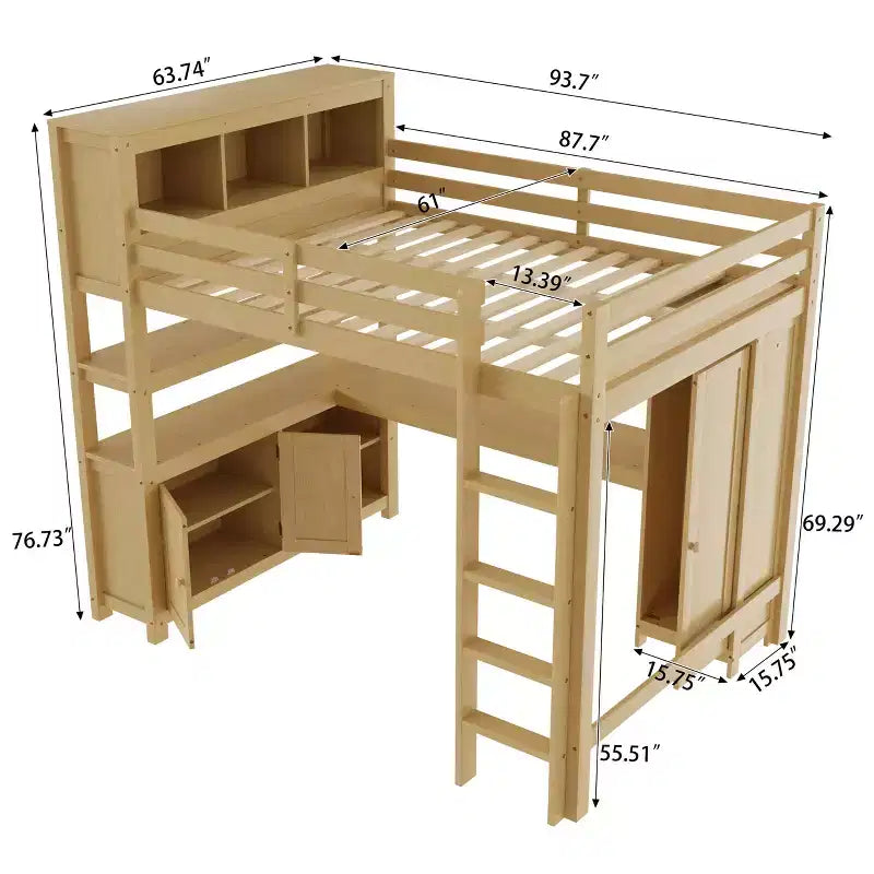 Lit mezzanine en bois avec armoire et étagère, mezzanine queen avec garde-robe et bureau pour enfants, naturel
