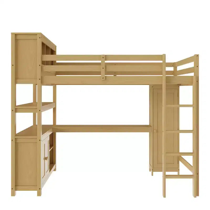 Lit mezzanine en bois avec armoire et étagère, mezzanine queen avec garde-robe et bureau pour enfants, naturel
