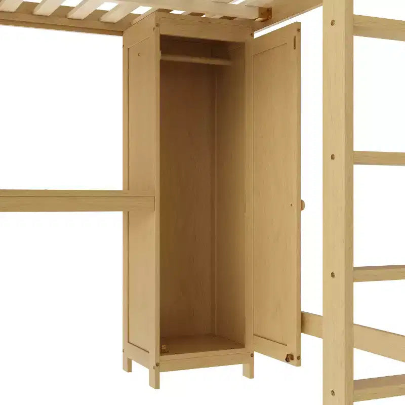 Lit mezzanine en bois avec armoire et étagère, mezzanine queen avec garde-robe et bureau pour enfants, naturel