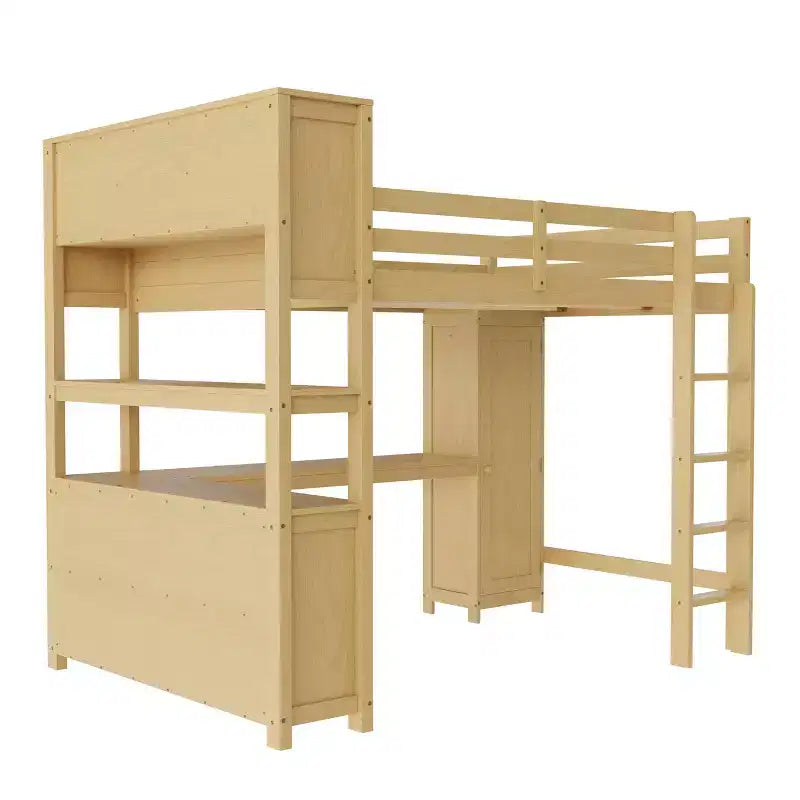Lit mezzanine en bois avec armoire et étagère, mezzanine queen avec garde-robe et bureau pour enfants, naturel