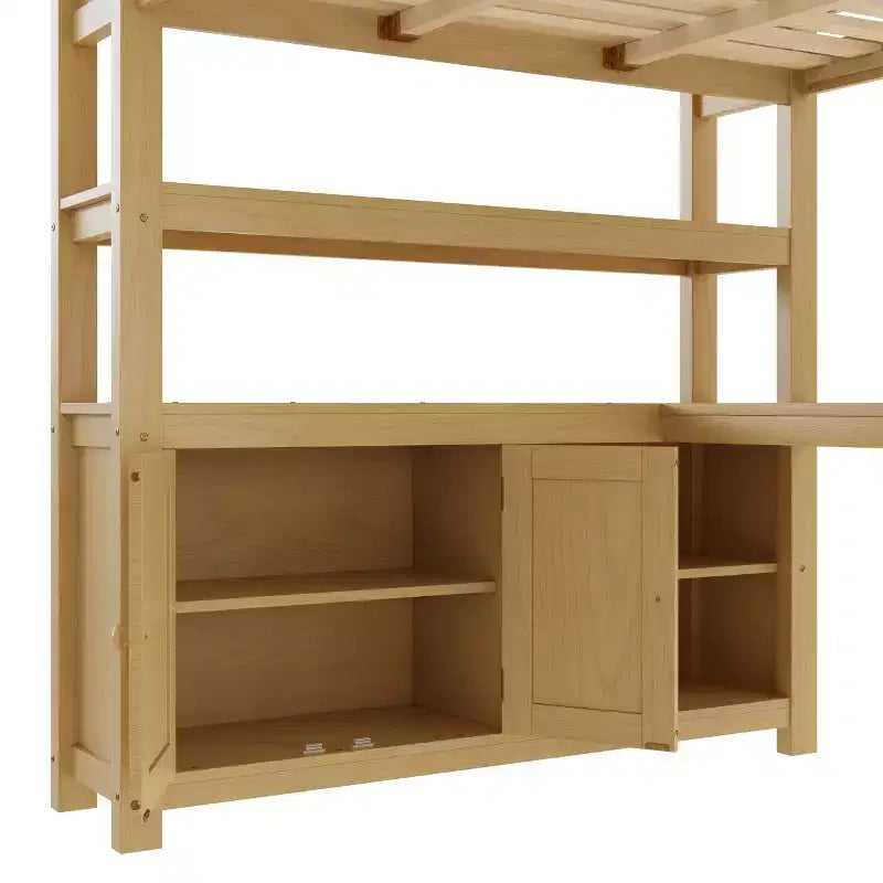 Lit mezzanine en bois avec armoire et étagère, mezzanine queen avec garde-robe et bureau pour enfants, naturel