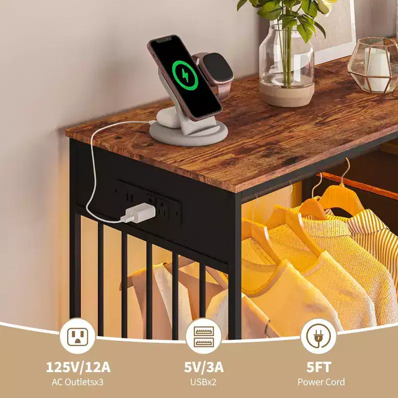 Coiffeuse de 125 cm avec portant et lumières, meuble de rangement de placard à 6 tiroirs avec station de charge