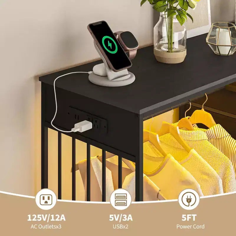 Coiffeuse de 125 cm avec portant et lumières, meuble de rangement de placard à 6 tiroirs avec station de charge