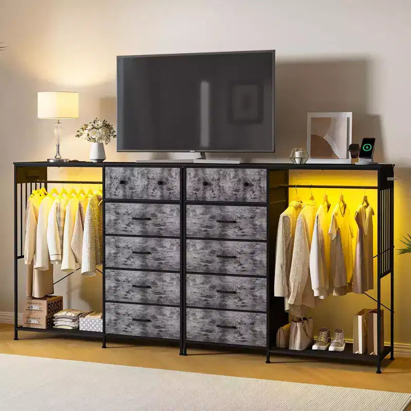 Coiffeuse de 125 cm avec portant et lumières, meuble de rangement de placard à 6 tiroirs avec station de charge