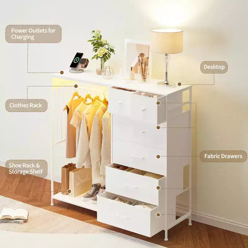 Coiffeuse de 125 cm avec portant et lumières, meuble de rangement de placard à 6 tiroirs avec station de charge