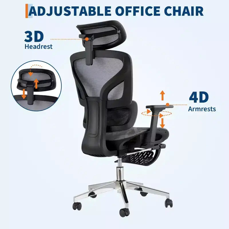 Chaise de bureau ergonomique, chaise de bureau confortable avec support lombaire haut et accoudoirs réglables en 3D, chaise pivotante pour le travail, les études, les jeux