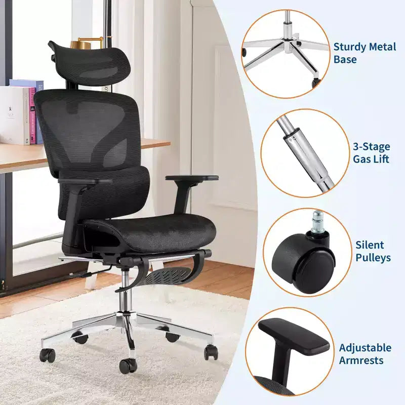 Chaise de bureau ergonomique, chaise de bureau confortable avec support lombaire haut et accoudoirs réglables en 3D, chaise pivotante pour le travail, les études, les jeux