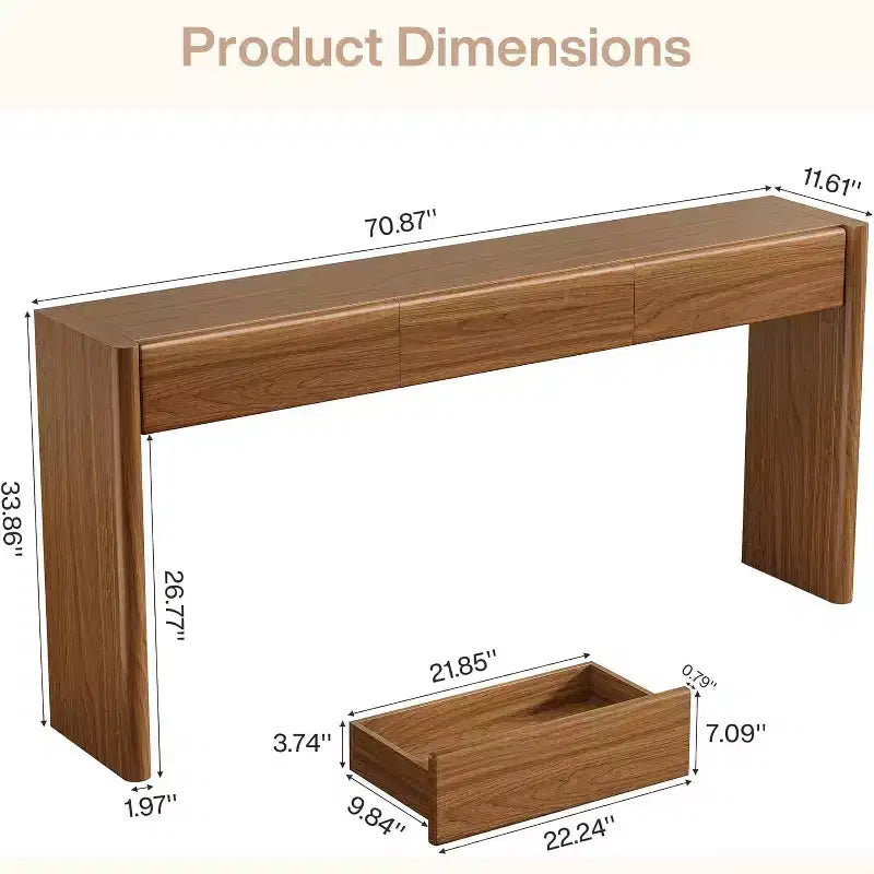 Table console de 70,9 pouces avec 3 tiroirs, table d'entrée en bois derrière un canapé pour entrée, foyer, couloir, salon, marron, assemblage facile