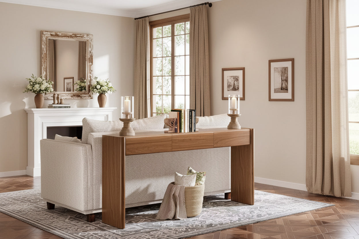 Table console de 70,9 pouces avec 3 tiroirs, table d'entrée en bois derrière un canapé pour entrée, foyer, couloir, salon, marron, assemblage facile