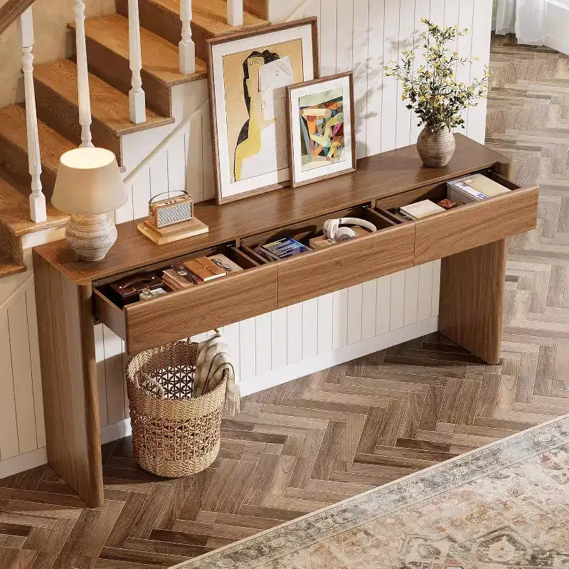 Table console de 70,9 pouces avec 3 tiroirs, table d'entrée en bois derrière un canapé pour entrée, foyer, couloir, salon, marron, assemblage facile