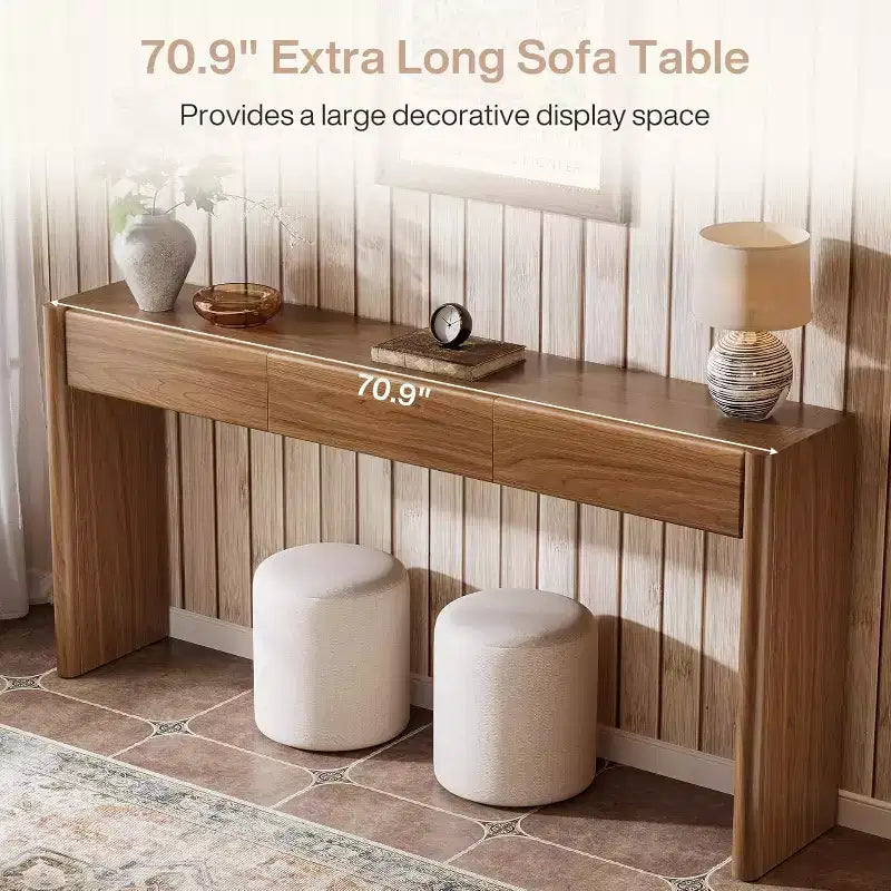 Table console de 70,9 pouces avec 3 tiroirs, table d'entrée en bois derrière un canapé pour entrée, foyer, couloir, salon, marron, assemblage facile