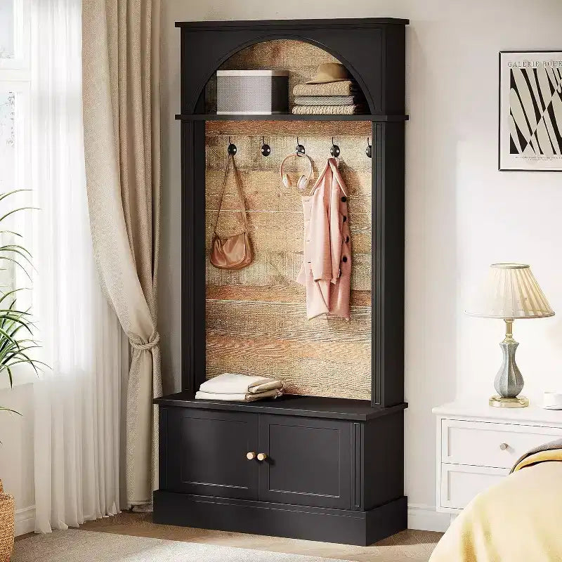Porte-manteau de 70,86 pouces avec banc de rangement, banc d'entrée 4-en-1 avec porte-manteau et 5 crochets pour entrée, couloir, noir et marron